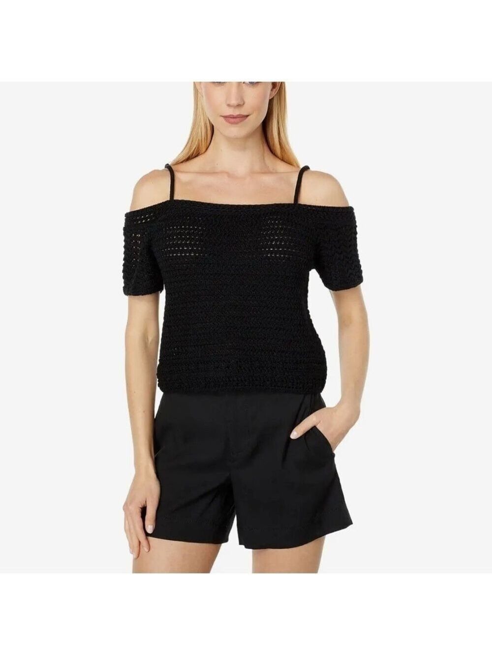 Vince Open Shoulder Knit Crochet Sweater Top in Black Size Large